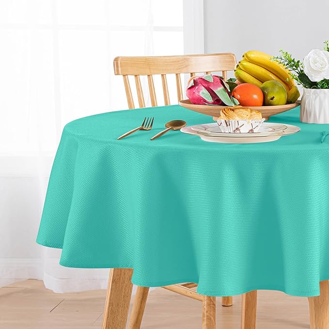 Hiasan Round Textured Tablecloth 60 Inch - Waterproof Spillproof Antiwrinkle Jacquard Table Cloth, Decorative Polyester Table Cover for Kitchen, Outdoor Picnic, Holiday and Parties, Aqua