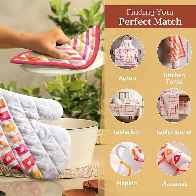 Maison d' Hermine 100% Cotton Oven Mitt & Pot Holder Set (7.5"x13" & 8"x8") Heat Resistant BBQ Cooking Gloves with Loop, Baking, Grilling, Kitchen, Handling Hot Pans Spring/Summer (Summer Maze)
