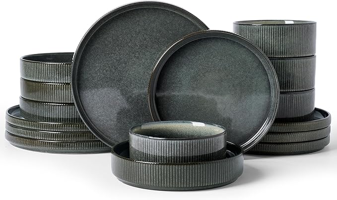 Famiware Star Stoneware Dinnerware Sets for 4 (16pcs), Chip and Scratch Resistant, Microwave & Dishwasher Safe Complete Dishes, Pasta Bowl, Cereal Bowl, Dinner Plate, Salad Plate, Ribbed, Deep Forest