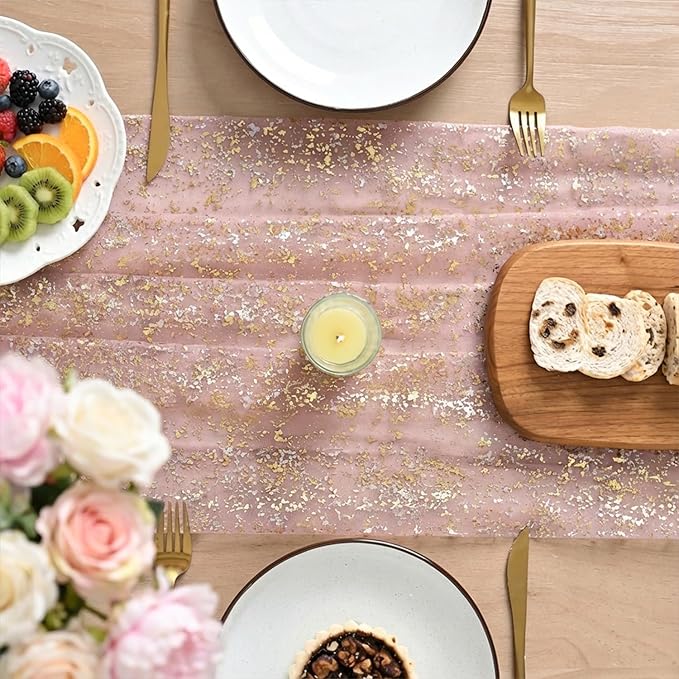 Artoid Mode Gold Gauze Pink Table Runner 120 Inch 10FT, Glitter Metallic Foil Sheer Dining Wedding Anniversary Holiday Birthday Table Decor for Home Party