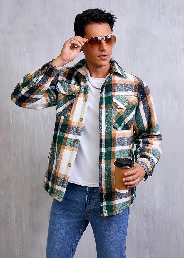 Men's Cotton Sherpa Lined Button Down Flannel Shirt Jacket Plaid Soft Outdoor Flannel Jacket Shirt