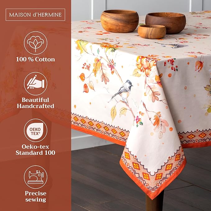Maison d' Hermine Table Cloth Rectangle Table 100% Cotton 70 x 120 Inches Fall Tablecloth Reusable Everyday Use for Thanksgiving Christmas Decorations Dining Farmhouse Party (Kelim - Prairie)