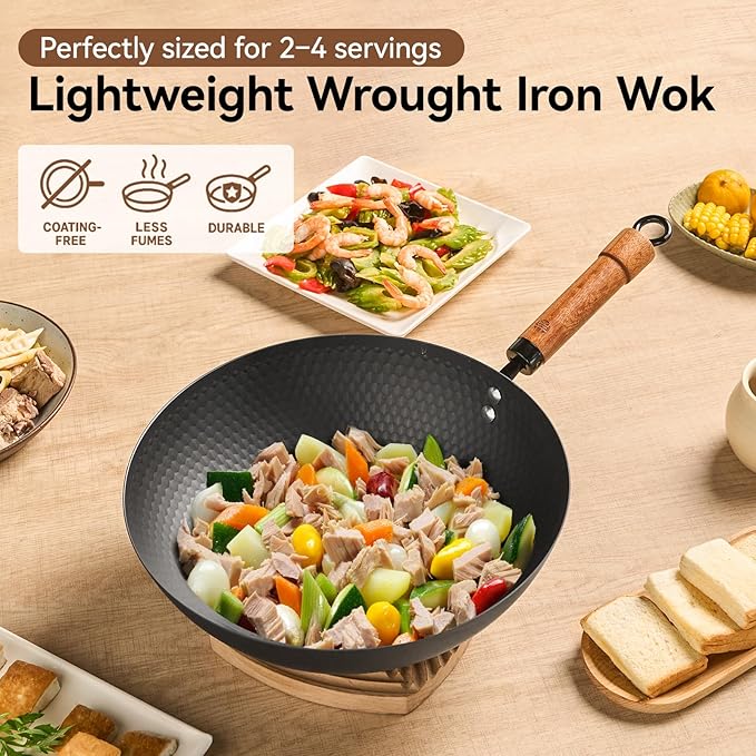 WANGYUANJI 12.6" Iron Wok with Lid, Flat Bottom Nonstick Wok Pan with Detachable Wooden Handle, Chinese Stir Fry Pan for Induction, Gas and Electric Stoves