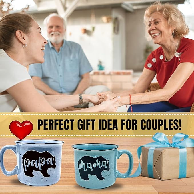 Mama and Papa Bear 15 oz Coffee Mug for Mom, Mother, Wife and Dad - Cute Coffee Cups for Women - Unique Fun Gifts for Her, Mother's Day, Christmas (Mama Bear Teal and Papa Bear Light Blue Gift Set)