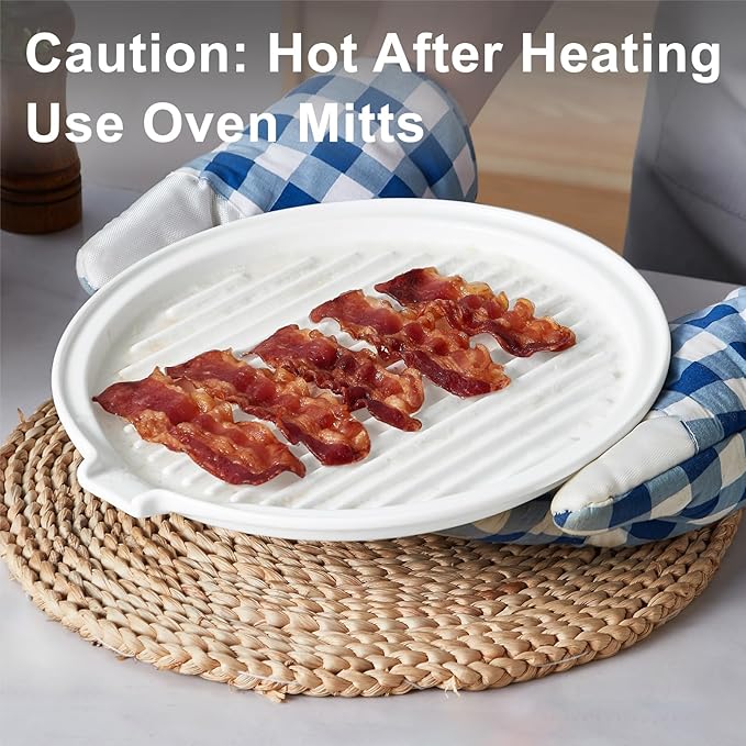 ONEMORE Microwave Bacon Tray with Lid Ceramic Bacon Cooker Meat Rack for Oven Cooking Crispy Bacon Maker with Cover - 11 inch Round Bacon Dish Plate, White