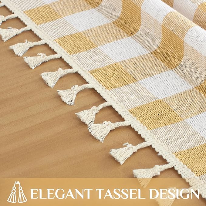 Softalker Checkered Tablecloth Rectangle, Outdoor Linen Cotton Gingham Table Cloth with Tassel, Heavy Duty Wrinkle Free Buffalo Plaid Table Cover for Kitchen Dining Home Party - 55 x 70 Inch, Yellow