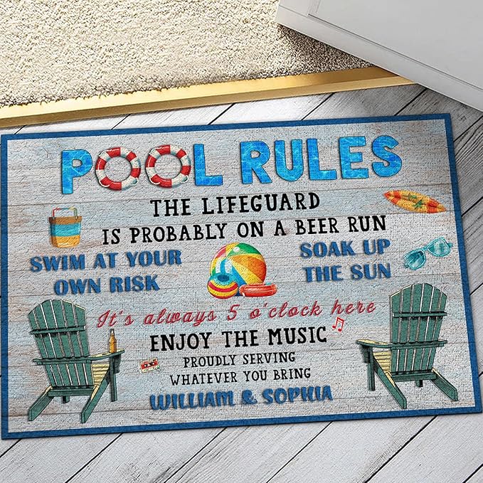 THUYPT Personalized Pool Doormat, Pool Rug with Pool Rules Pattern, Poolside Decorations Pool Accessories, Pool Patio Decor Summer Themed Outdoor/Indoor (05)
