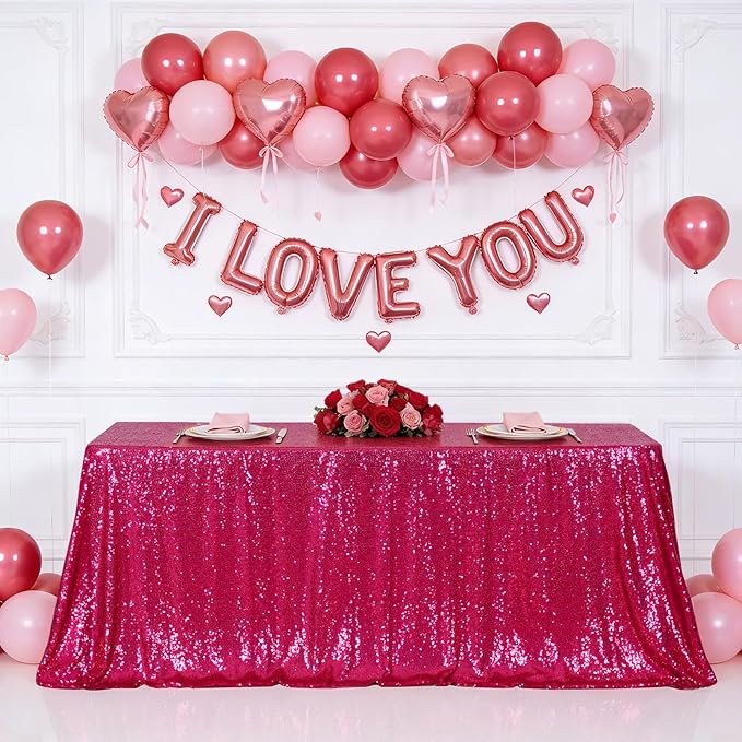 Eternal Beauty Hot Pink Tablecloth, 60x120 Inch Sequin Rectangle Table Cover for Valentines Cake Dessert Exhibition Party Birthday Events