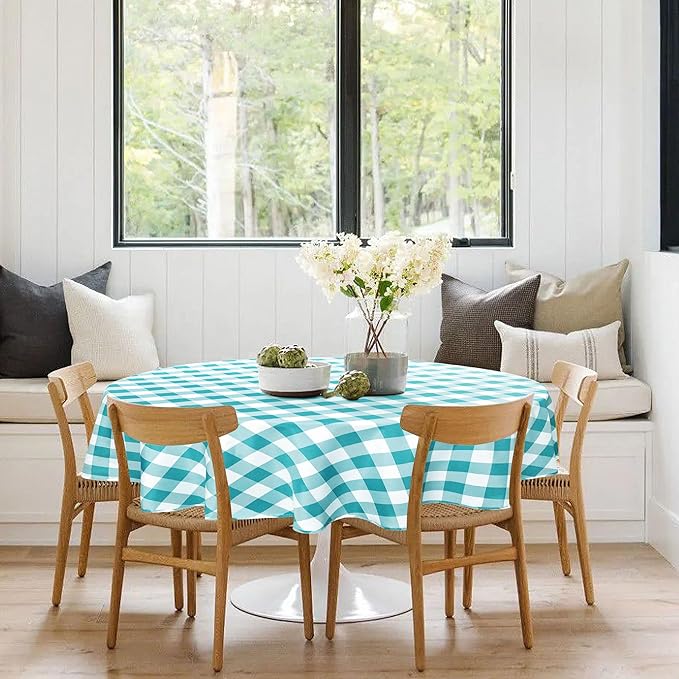 Hiasan Checkered Round Tablecloth 90 Inch - Waterproof Stain and Wrinkle Resistant Washable Fabric Table Cloth for Dining Room Party Outdoor Picnic,Turquoise and White