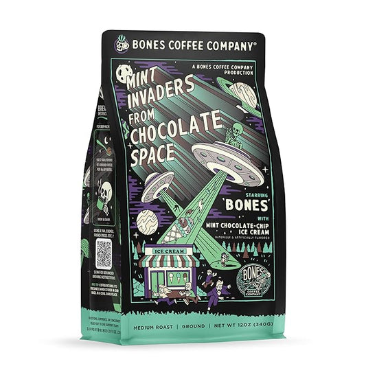 Bones Coffee Company Mint Invaders, Mint Chocolate Chip Flavored Coffee, Medium Roast Low Acid Arabica Beans Compatible with Auto drip and French Press Coffee Maker, 12 Oz Ground