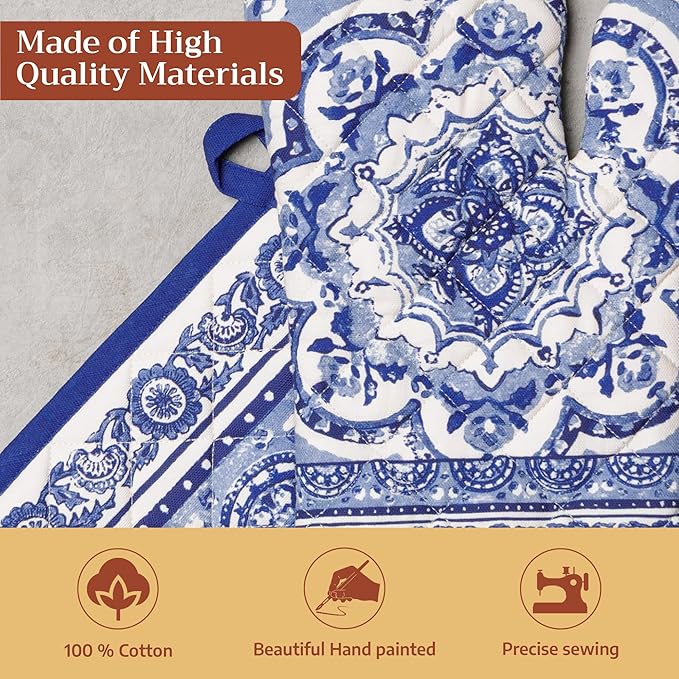 Maison d' Hermine 100% Cotton Oven Mitt & Pot Holder Set (7.5"x13" & 8"x8") Heat Resistant BBQ Cooking Gloves with Loop, Baking, Grilling, Kitchen, Handling Hot Pans Spring/Summer (Melodie Bleue)