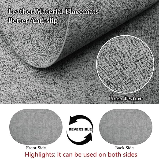 Luxury PU Oval Round Place Mats for Dining Set of 1/4 Non-Slip Coaster Leather Tableware Coffe Pads Kitchen Accessories(Vin Blue,44x30cm 1pcs)