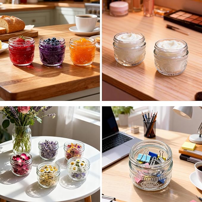 Amzcku 2 oz Mini Glass Mason Jars with Mouth Colored Lids - 24-Pack Glass Canning Jars for Storage, Overnight Oats, Jam, Jelly, Honey, Beans, Spices, Wedding Favors, Shower Favors