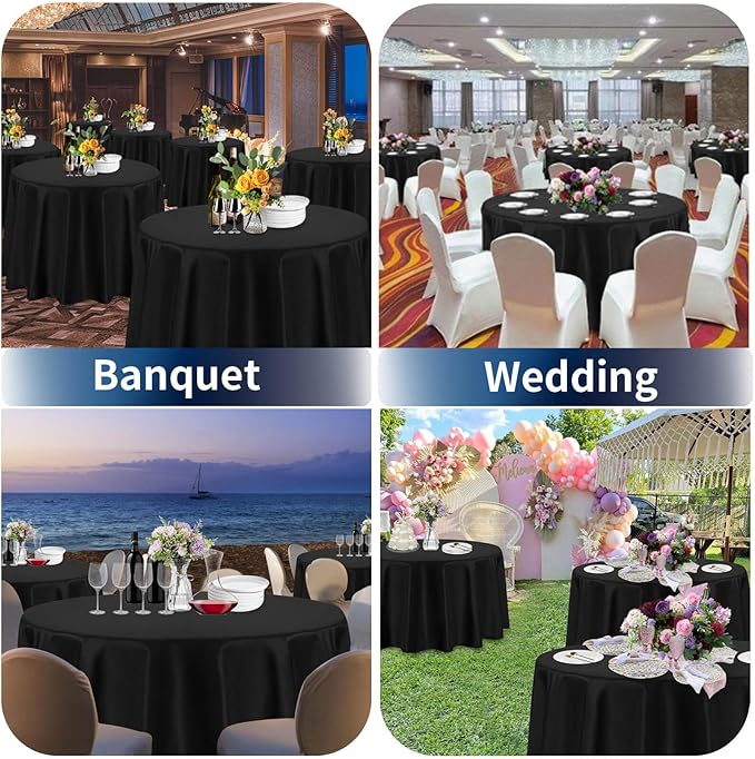 PureFit 6 Pack Round Black Table Cloths 120 Inch for Round Tables, Stain and Wrinkle Resistant Table Linens for Home Use, Wedding, Party, Banquet and Camping