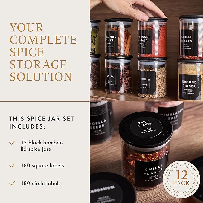 Glass Spice Jars with Labels-12 Pack- 6.8oz- 360 Labels- Spice Containers Bamboo Lids -Spices Organization for Cabinet-Drawer-Rack-Seasoning containers-herbs- Organizer-Spices Bottles-Black