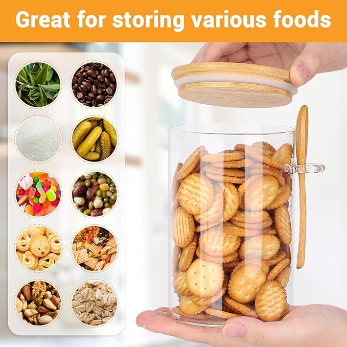 Glass Jars with Bamboo Lids and Spoon - 2 Pack 32 Fl.oz Round Food Storage Containers with Airtight Lid, Includes Labels and Marker, Glass Kitchen Canister for Rice, Flour, Sugar, Cereal, Oats