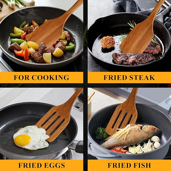 2 PCS Acacia Wood Spatula for Cooking Utensil Set Baking Spatulas for Kitchen Use Accessories Flat Slotted Turner Non Toxic Olive Wooden Utensils Non Stick Bamboo Serving Spatula Long Wok Spatulas