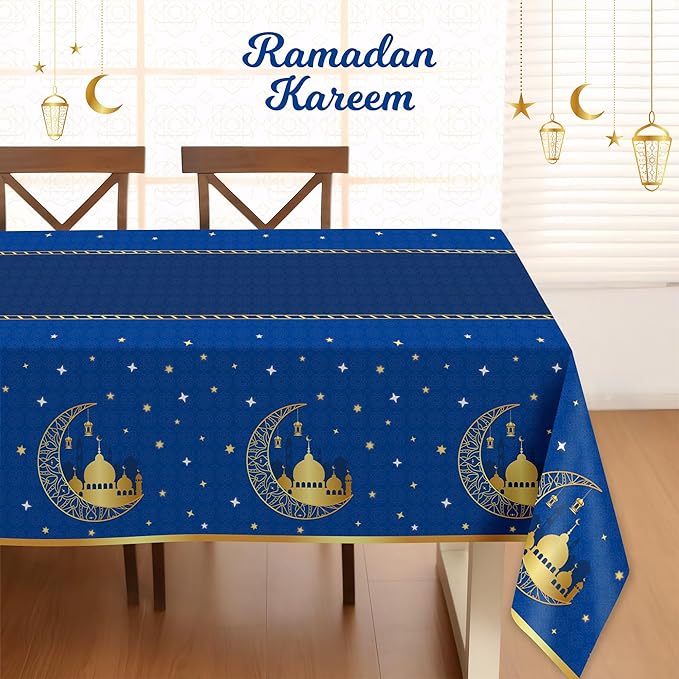 Childom 3 Pack Ramadan Mubarak Tablecloths for Eid Mubarak Decorations,54" x 108" Plastic Disposable Ramadan Kareem Table Cloth,Blue Eid al-Fitr Table Covers for Rectangle Tables,Dinner,Party Favors