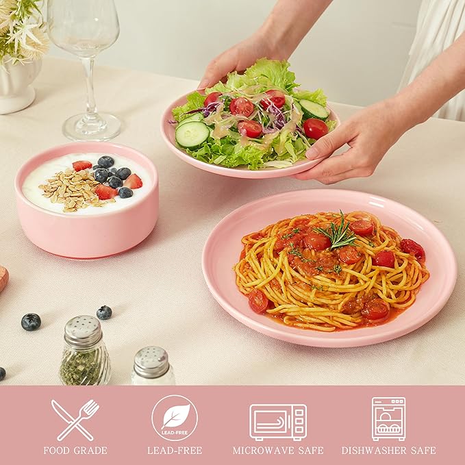 Stoneware Cereal and Soup Bowls Set of 4, 6-Inch Dual Glaze Ceramic Bowls for Breakfast & Oatmeal, Microwave and Dishwasher Safe, Pink