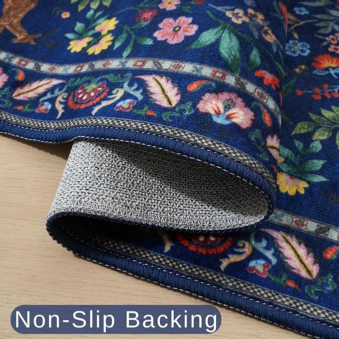 Rugcomf 3x5 Rug Washable Area Rug Floral Office Rug Non Slip Small Carpet for Bedroom, Bedside, Kitchen, Entryway, Kids Room, Office(Blue)