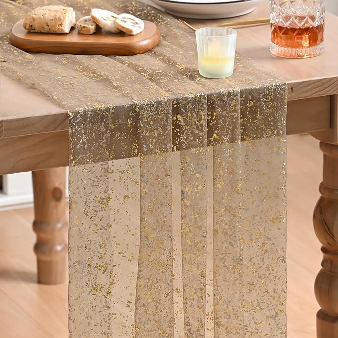 Artoid Mode Coffee Gold Gauze Table Runner 120 Inch 10FT, Glitter Metallic Foil Sheer Dining Wedding Anniversary Holiday Birthday Table Decor for Home Party