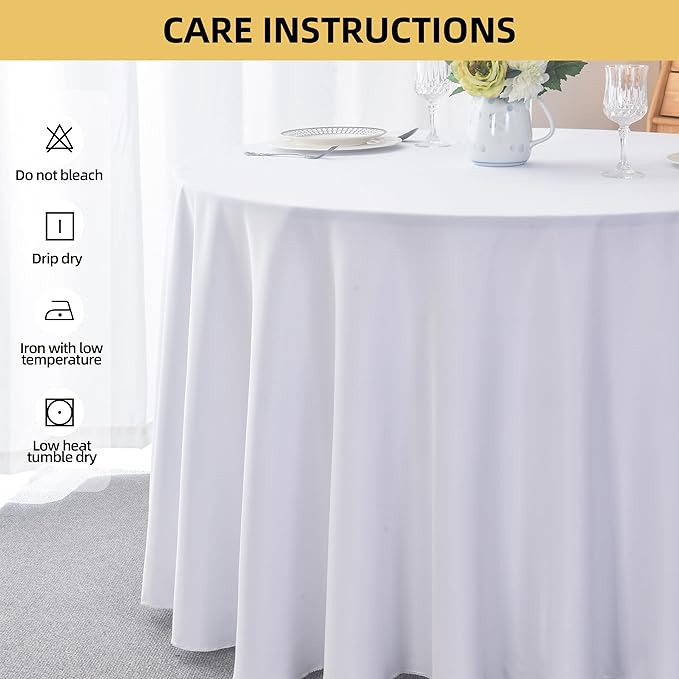 2-Pack Round 120-inch White Table Cloths, Solid Stain and Wrinkle Resistant Circular Tablecloth, Premium Plain Weave Polyester Fabric Table Linen Covers for Hotel, Banquet