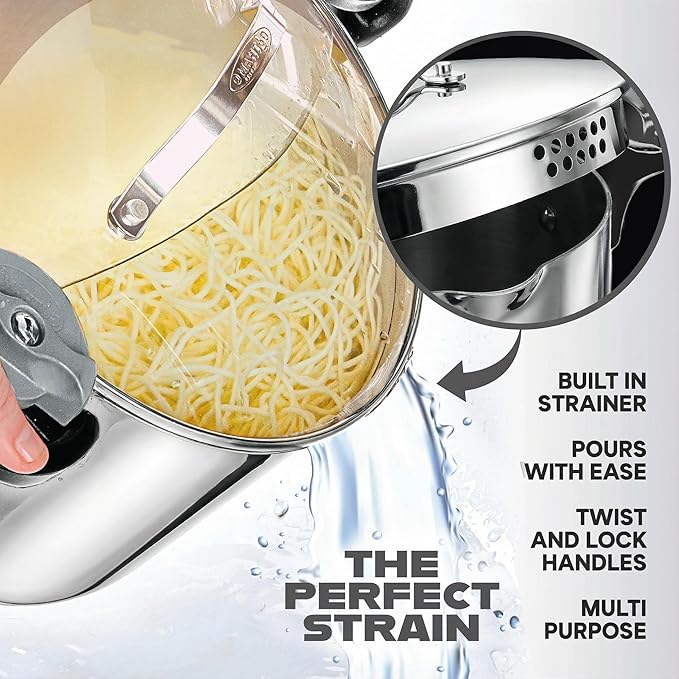 GOTHAM STEEL 5 Qt Stainless Steel Stock Pot Multipurpose Pasta Pot with Strainer Lid & Twist and Lock Handles, for Soup, Spaghetti, Rice, Induction Ready, Dishwasher Safe