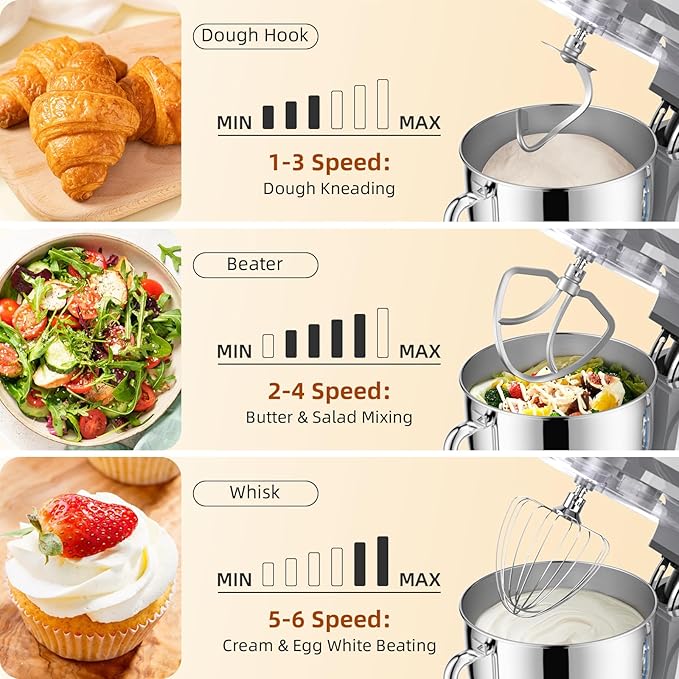 Dough Mixer 8.45 QT Electric Mixer - 660W 6 Speed Large Capacity Kitchen Stand Mixer with Whisk Dough Hook Mixing Beater Household Food Mixer for Baking Cakes Cookie Bread Salad(Silver)