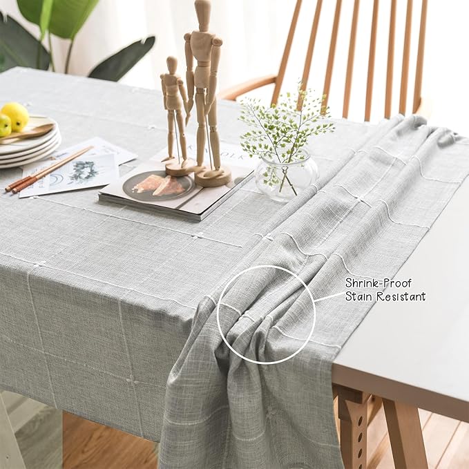 ColorBird Solid Embroidery Lattice Tablecloth Cotton Linen Dust-Proof Checkered Table Cover for Kitchen Dinning Tabletop Decoration (Rectangle/Oblong, 52 x 120 Inch, Grey)