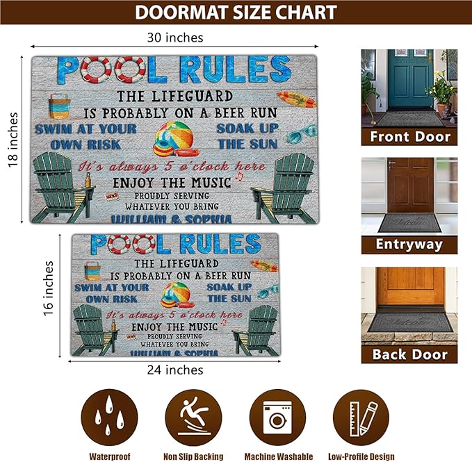 THUYPT Personalized Pool Doormat, Pool Rug with Pool Rules Pattern, Poolside Decorations Pool Accessories, Pool Patio Decor Summer Themed Outdoor/Indoor (05)