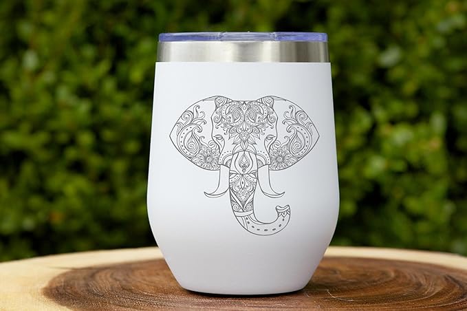 CM 12 oz Double Insulated Wine Tumbler with Lid - Elephant Engraved Stemless Wine Glass from Stainless Steel with White Powder Coating for Men & Women - White