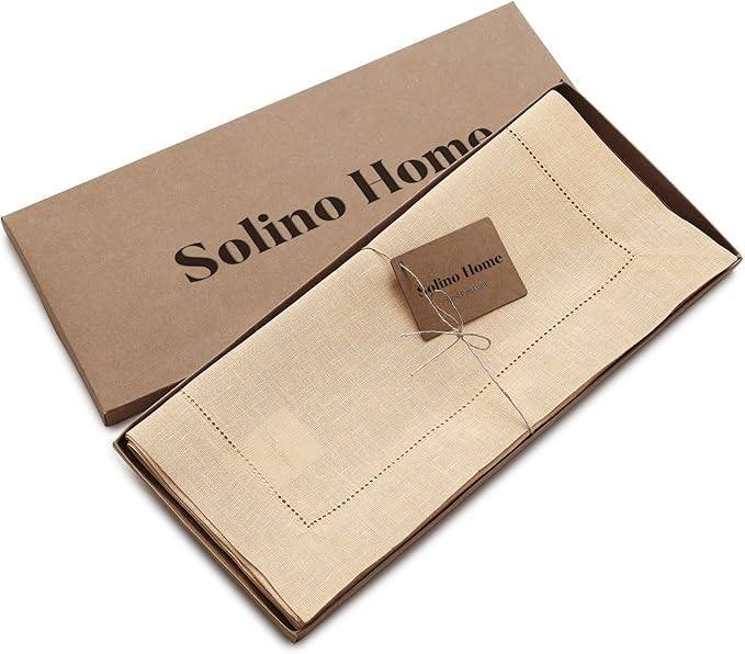 Solino Home Linen Hemstitch Table Runner 48 Inches - 100% Pure Linen Beige Table Runner 14 x 48 Inch Ideal for Dresser and Coffee Tables - Spring, Easter - Classic Hemstitch