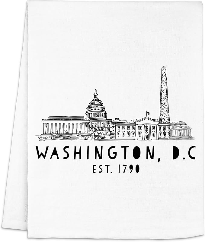 Moonlight Makers Original Flour Sack Dish Towel - 100% Cotton Kitchen Towels, Cute Cleaning Cloth, Lint-Free & Absorbent Kitchen Tea Linens for Dish Drying, 28inx28in - Washington DC Skyline, White