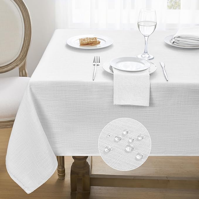 Softalker Linen Textured Rectangle Tablecloth, Waterproof Wipeable Farmhouse Burlap Table Cloth, Stain Resistant Wrinkle Free Table Covers for Kitchen Dining Holiday Party (52 x 70, White)