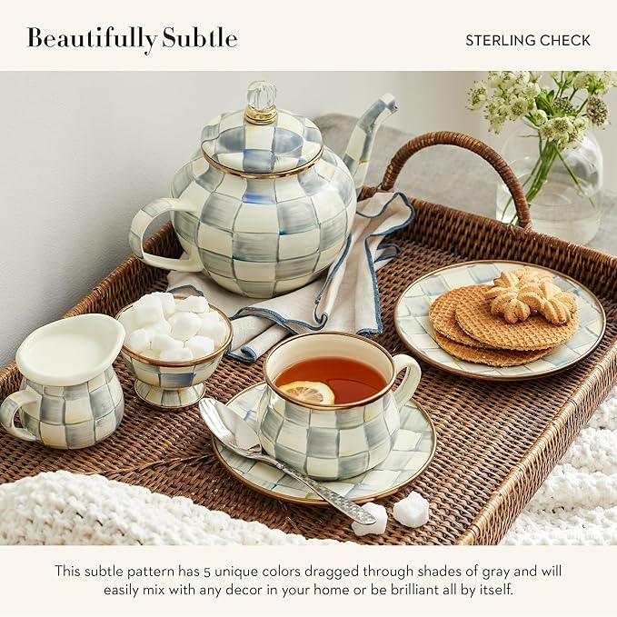 MACKENZIE-CHILDS Enamel Saucer, Small Enamel Plate for Teacups, Gray-and-White Sterling Check