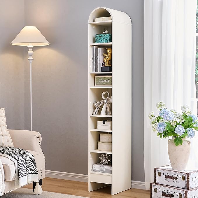 67" Tall Arched Bookshelf, 8 Tiers Arch Bookcase with Storage, Modern Farmhouse Book Shelf with Adjustable Shelves, Wood Bookshelf w/Open Display Shelves for Living Room, Office (Antique White)