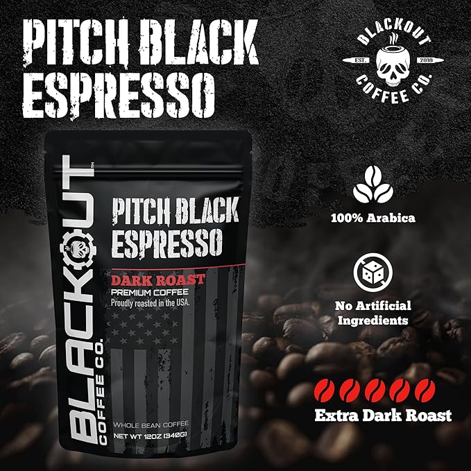 Blackout Coffee Pitch Black Espresso Whole Bean Coffee – Extra Dark Roast, European-Style, Powerfully Bold – Freshly Roasted 12oz Bag.
