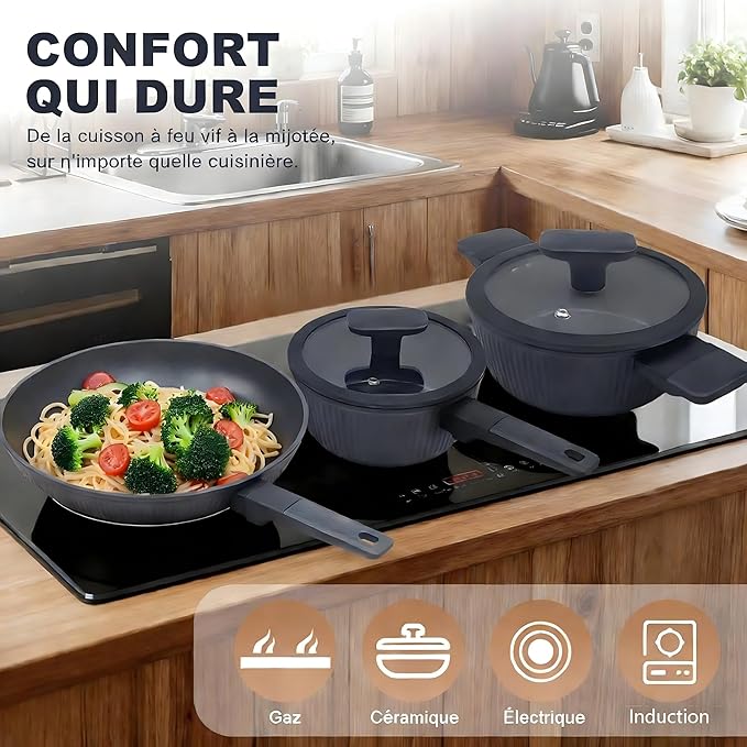 Nonstick Cookware Set Non Toxic, 3-Piece Pots and Pans Set, PFOA/PTFE Free, Induction Ready & Dishwasher Safe, Ceramic Coating for Easy Release