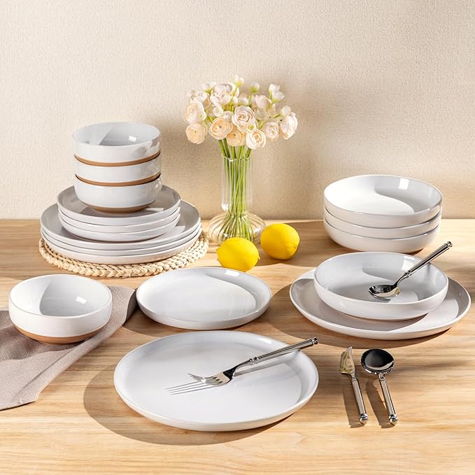 AmorArc Ceramic Dinnerware Sets with Pasta Bowls for 4, Handpainted Plates and Bowls Set with Rustic Terracotta Underside, Scratch Resistant Dishes Set, Dishwasher & Microwave Safe, 16 Pcs