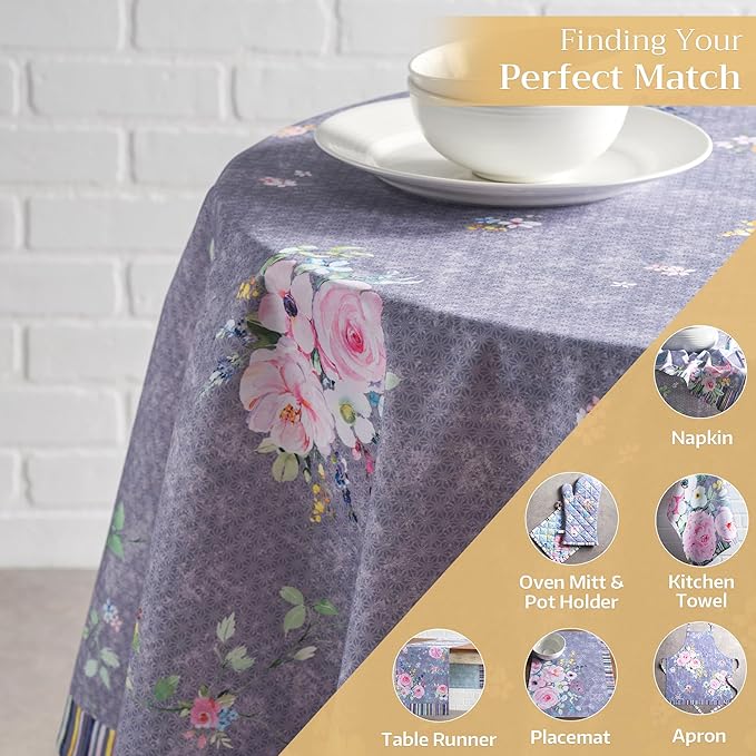 Maison d' Hermine Table Cloth Round Table 100% Cotton 69 Round Inches Tablecloth Reusable Decorative for Dining Room Home Valentines Day Decorations Spring Summer- Sweet Rose Lavender - Country Garden