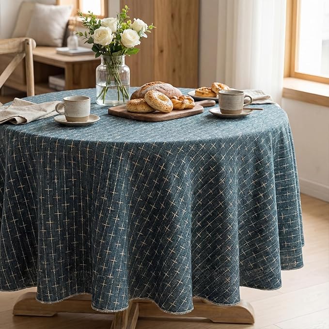 Horaldaily Navy Blue Round Table Cloth, Cross-Star Solid Textured Embroidery Tablecloth, Wrinkle Free Washable 60×60 Inch Table Cover for Kitchen, Party, Wedding, Picnic, Outdoor