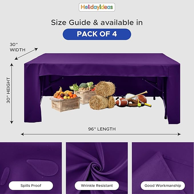 HolidayIdeas Open Back Fitted Tableclothss for 8 Foot Rectangle Table, Wrinkle Resistant Washable Table Covers 96x30 Inch for Craft Fairs, Banquets, Trade Show Display, Purple,4 Pcs