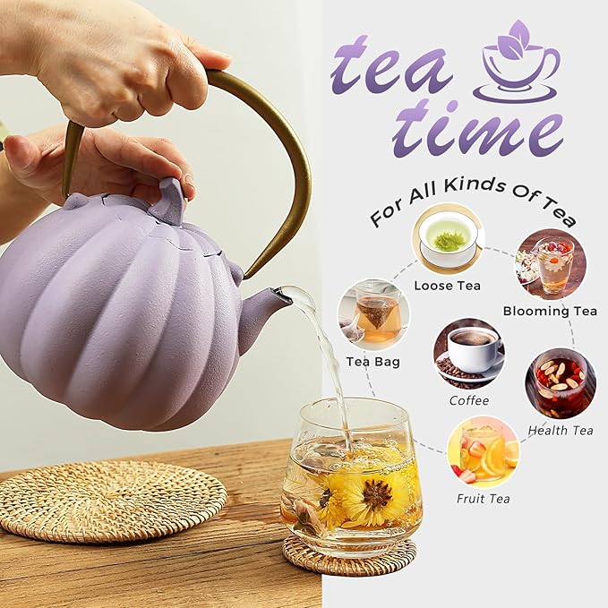 Pumpkin Cast Iron Teapot with Infuser - 40oz Japanese Iron Tea Kettle with Enamel Interior, Cute Halloween Teapot for Loose Tea & Coffee, Stainless Steel Filter, Stove Safe (Purple)