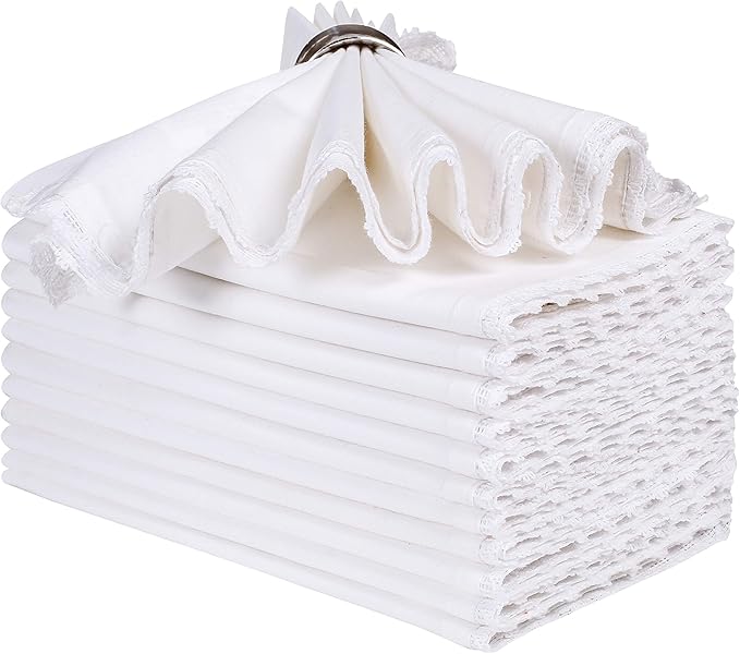 Lightnpro Set of 12 Cloth Dinner Napkins with Beautiful Lace - Cotton, Soft & Durable, Washable - Ideal for Weddings, Spring, Summer, Easter, and Everyday Use - 18x18 Inch White
