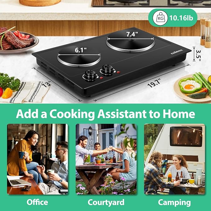 CUSIMAX Hot Plate, 1800W Electric Burner Double Hot Plate for Cooking Countertop Burner with Adjustable Temperature Control, Portable Electric Cast Iron Hot Plates Cooktop, Easy to Clean, Black