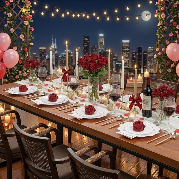 WDF 350PCS White and Gold Plastic Plates - Gold Plates Disposable 50Guest Plastic Dinnerware Ideal for Party/Wedding/Birthday/Valentine's Day