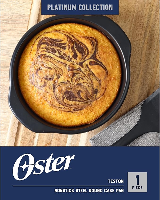 Oster Teston 9-Inch Round Cake Pan, Nonstick Carbon Steel Bakeware, Matte Black, PFAS-Free, Oven-Safe, Easy Release Baking Pan