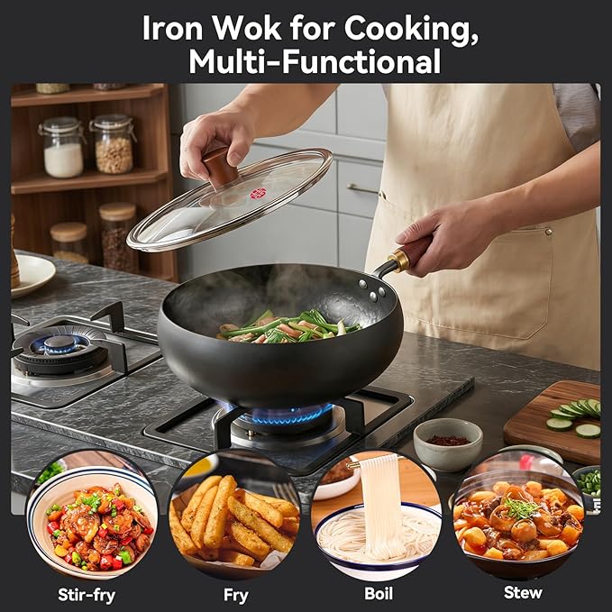 WANGYUANJI 9.5" Carbon Steel Wok - [Heavy-Duty & Thickened Base] - Deep Bowl Stir Fry Pan for Induction, Electric & Gas - Warp-Resistant, Splatter-Free Design with Lid (1-2 Person)
