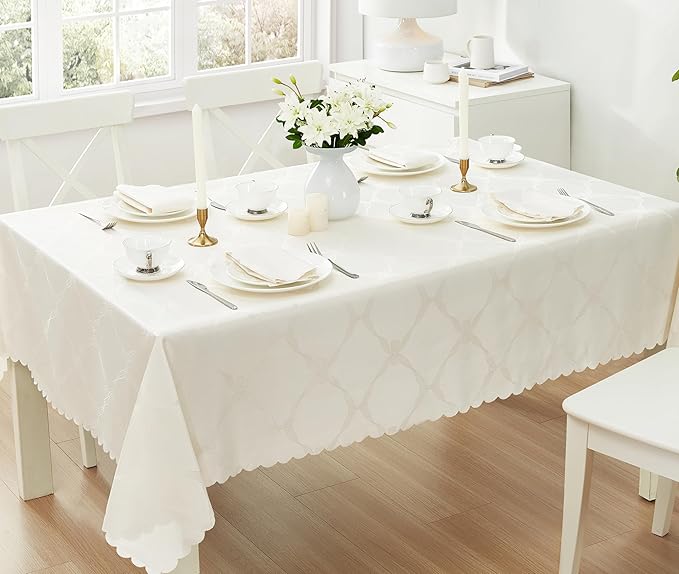 Newbridge Ribbons and Bows Damask Spring & Easter Holiday Fabric Tablecloth, Ivory, 60 x 84 Inch Rectangle, Wrinkle & Stain Resistant Table Cover