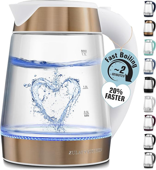 Zulay Kitchen Fast Boiling Electric Water Kettle - 1.7L, 1500W, Auto Shut-Off for Overboil & Boil Dry Protection, Cool-Touch Handle, 360° Base - Rapid Teapot Boiler For Coffee & Tea - White Copper
